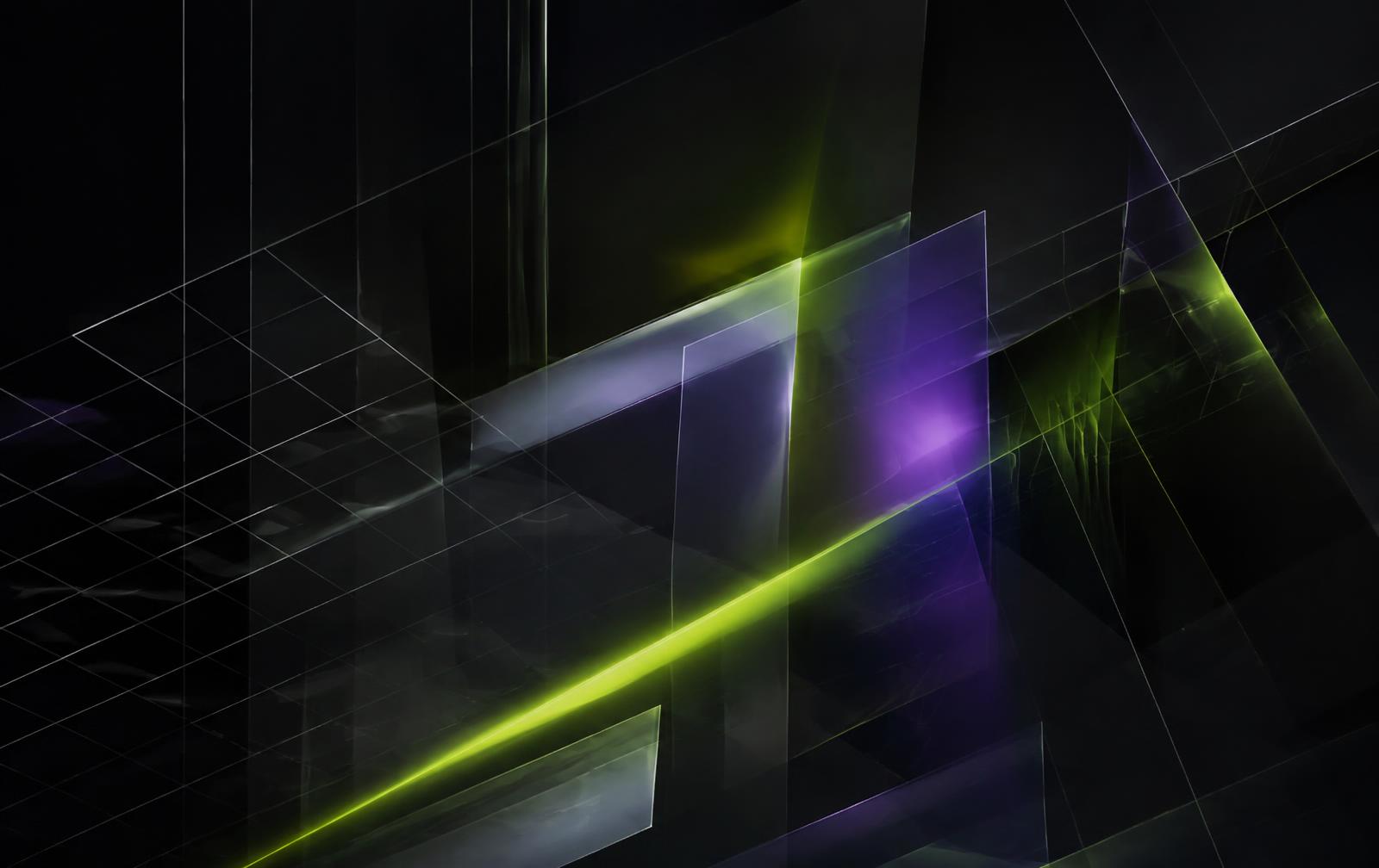 Abstract layered glass planes and grid lines lit by lime and violet light