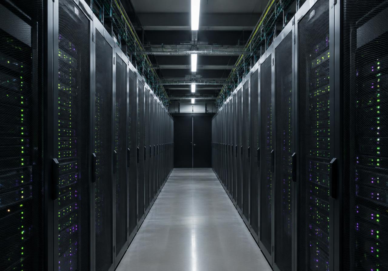 Data center corridor lined with server racks and status lights
