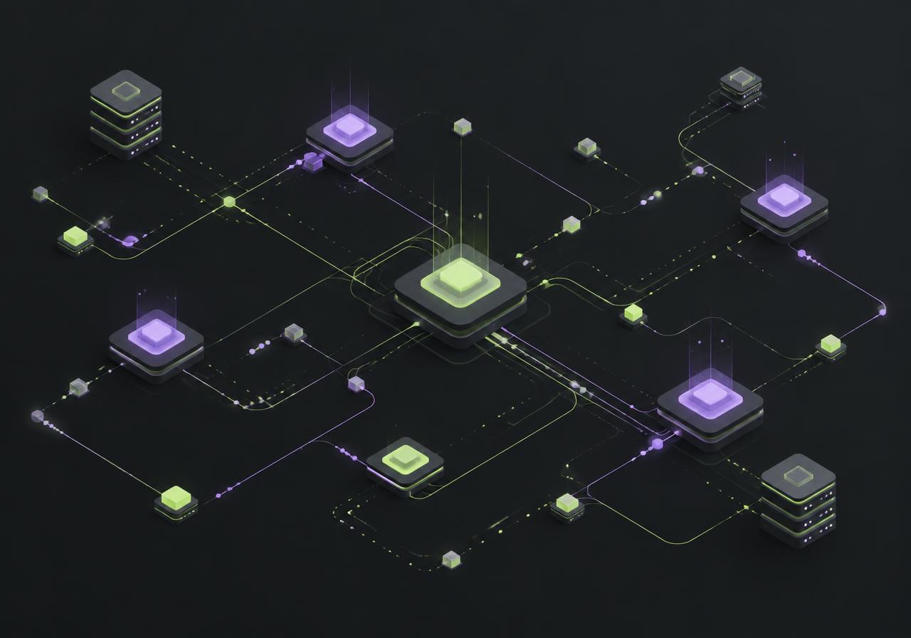 Illustration of connected system nodes linked by glowing data paths